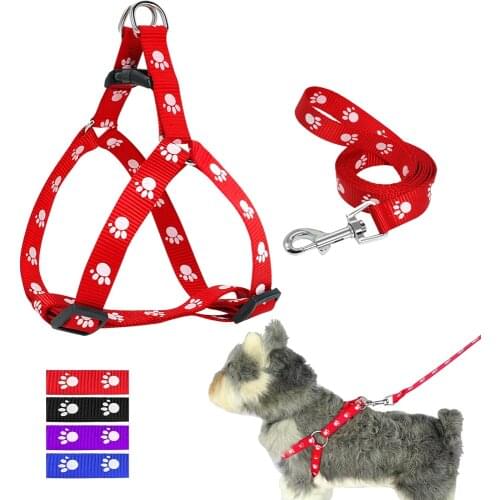 Nylon Dog Harness and Leash Set Adjustable Paw Print Dog Harness Walking Leash Strap for Small Medium Dogs S/M/L