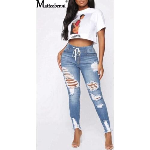 2020 New Women Fashion Sexy Stretch Skinny Ripped Hole Washed Denim Jeans Female Slim Jeggings Mid Waist Pencil Pants Trousers