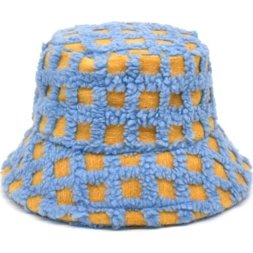 2021 New Lamb Faux Fur Bucket Hat Fluffy Winter Warm Thicken Women Panama Outdoor Patchwork Plaid Check Fisherman Cap For Female