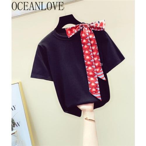 OCEANLOVE 2020 T-shirt Ribbons Patchwork Summer Ropa Mujer Short Sleeve Bow Student All Match Fashion T Shirt Women 15763