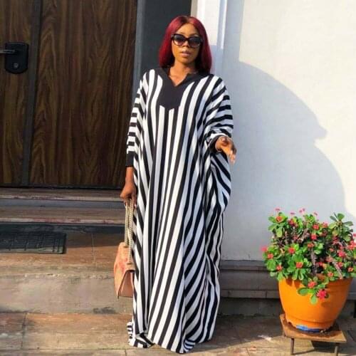 Striped Print Traditional Abayas Dashiki African Dresses For Women Plus Size Boubou Robe Africaine Femme Long Maxi Dress