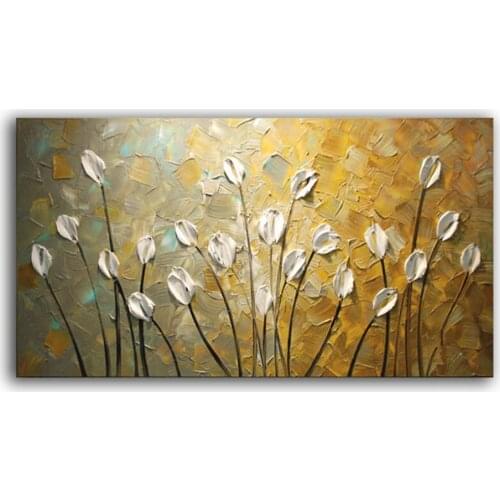 Hand Painted Textured Palette Knife gold Flower Oil Painting Abstract Modern Canvas painting Wall Art Picture Living Room Decor