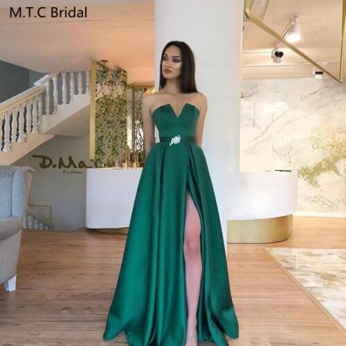 Sexy Green Long Prom Formal Dresses Strapless Side Slit A Line Plus Size Girls Graduation Dress Elegant Wedding Party Gowns