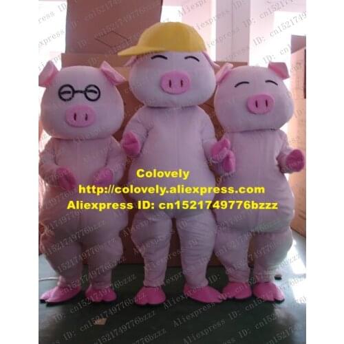 Smart Three Pink Piggy Mascot Costume Mascotte Hog Swine Porket Porkling Pig With Pink Hoofs Happy Face Adult No.1293 Free Ship