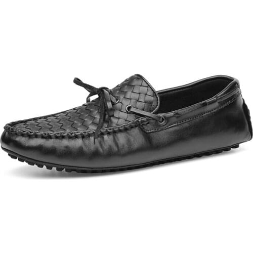 Men Genuine Leather Casual Shoes Male Luxury Summer Shoes Mens Loafers High Quality Slip On Black Weave Business Driving Flats