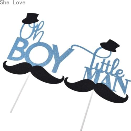 Chzimade 5 Pcs Glitter Mustache Hat A Little Man Oh Boy Cake Topper Birthday Party Baby Shower Cake Decoration