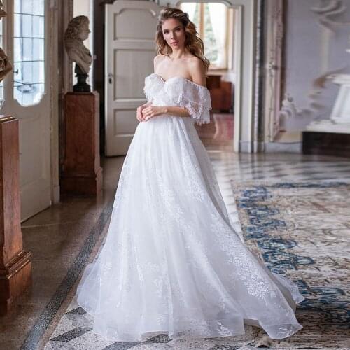 Gorgeous Princess Wedding Dresses 2021 Off The Shoulder A-Line Lace Appliques Tulle Backless Sweetheart Sweep Train Bridal Gown