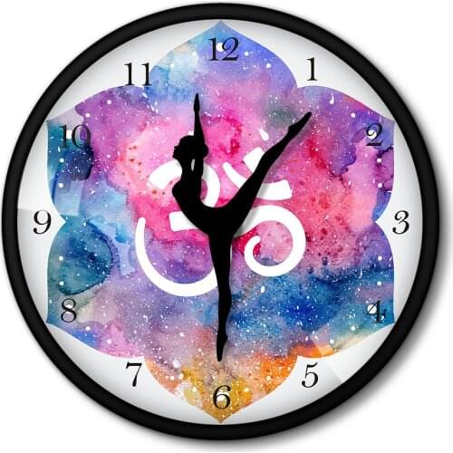 Yoga Meditation Metal Frame Wall Clock Yoga Watercolor Symbol Om Buddha Art Modern Wall Clock Dancers Yogi Interior Room Decor