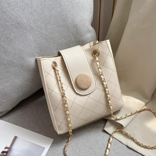 Fashion Lattice Pattern Crossbody Bag Women Casual Bucket Chain Shoulder Handbags PU Leather Female Solid Color Satchel Pouch