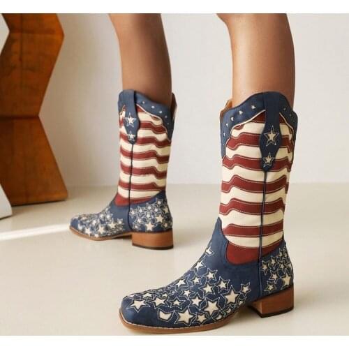 Womens Square Toe Star US Flag Printed Mid Calf Boots Chunky Heel Shoes Pull On Western Plus Size New 2022