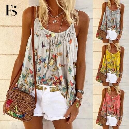 Plus Size Loose Butterfly Print Women Tanks Summer Solid Color Strap Ladies casual Tops