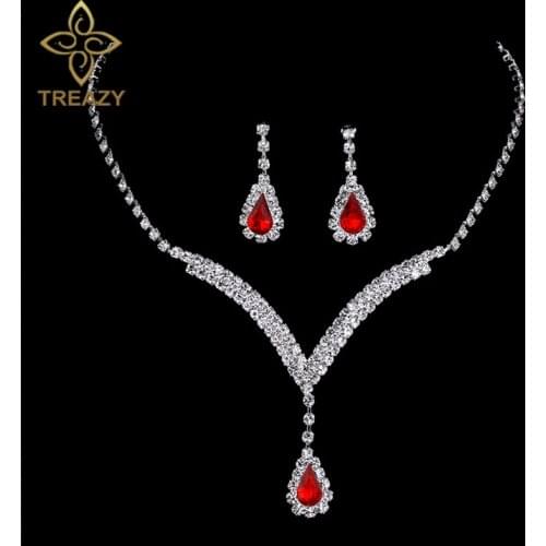 TREAZY Charming V Shaped Bridal Jewelry Sets Red Crystal Teardrop Necklace Earrings Wedding Jewelry Sets for Women Party Gifts