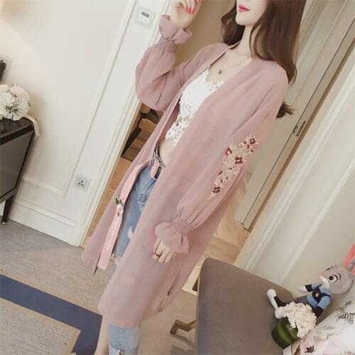 Summer Fashion Large Size Women Chiffon Cardigan Embroidery Flare Sleeve Elegant Chiffon Cardigan Sunblock Long Women Cardigan