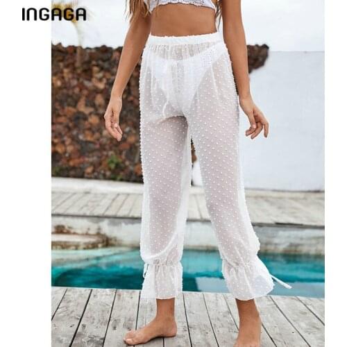 INGAGA Dot Print Dresses Woman Summer 2021 Transparent Beach Outing Women Cover Up Beach Swimsuit Long Pants New Beach Wear