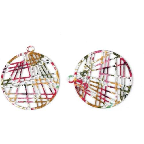 Iron Based Alloy Enamel Painting Charms Round Green Multicolor Grid Checker Filigree 23mm( 7/8") x 21mm( 7/8"), 10 PCs