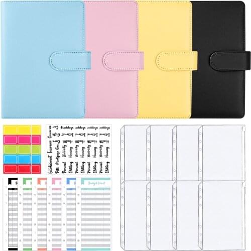 A6 PU Leather Budget Binder Planner Cover with 8pcs Binder Pockets 24pcs Expense Budget Sheets and Words Stickers Label Stickers