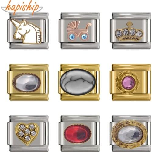 Hapiship 2019 New 9mm Width Original Daisy Heart Crown Unicorn Baby Carriage Charm Fit 9mm Bracelet Stainless Steel Link DJ129