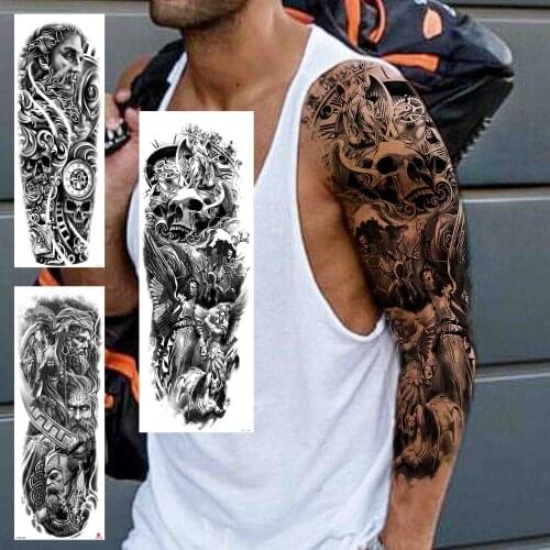 Skull Angel Temporary Tattoos Sleeve For Men Boy Unique Fake Samurai Full Arm Tattoo Sticker Realistic Water Transfer Tatoos Big