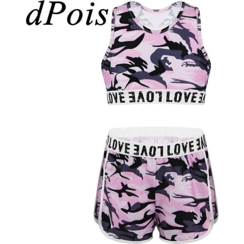 Children Girls Tracksuits Camouflage Sports Clothes Tanks Crop Top + Bottoms 2Pcs Kids Ballet Gym Workout Outfits Yoga Sets