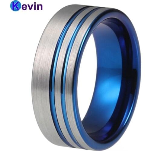 Blue Wedding Ring Tungsten Ring For Men And Women Grooved Flat Band 8MM