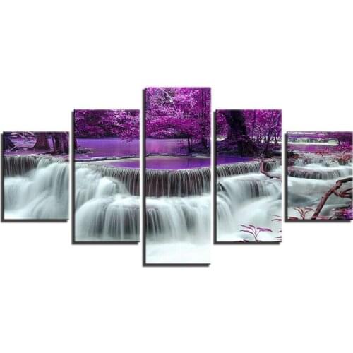 Waterfall in Purple Forest 5 Panel Canvas Picture Print Wall Art Canvas Painting Wall Decor for Living Room Poster No Framed