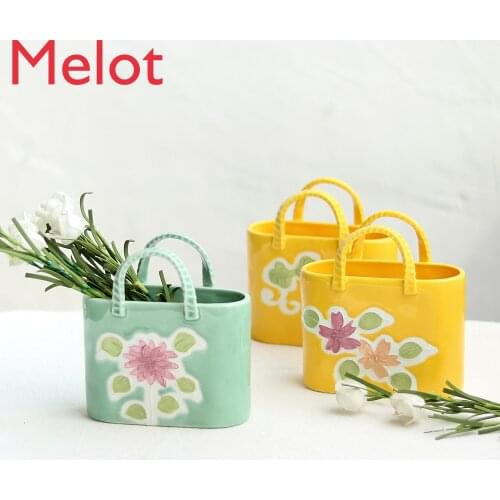Chinese Style Handmade Ceramic Creative Household Flower Holder Handbag Decorative Storage Decoration Flower Basket Vase