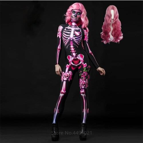 Pink Skeleton Halloween Cosplay Jumpsuit Wig Women Scary Costume Spooky Fancy Dress Day of The Dead Mummy Horror Carnival Party