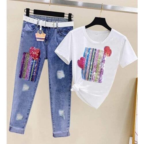 Summer Women Sets Fashion Short Sleeve Sequins T Shirt + Hole Jeans 2pcs Large Size Female Girl Casual Denim Pants Suits Y81