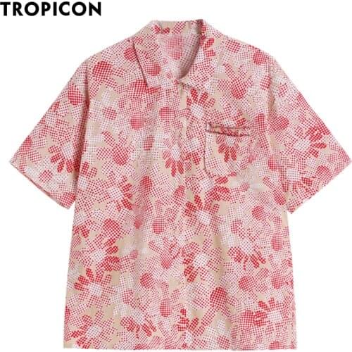 TROPICON Red Floral Aesthetic Shirt 2021 Fashion Women Tops Short Sleeve Button Up Collared Shirt Luxury Designer Blouse Clothes