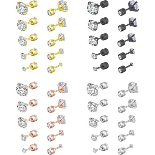 5 Pairs Stud Earrings Set Hypoallergenic Cubic Zirconia 316L Earrings Stainless Steel CZ Earrings 2-6mm Rose Gold