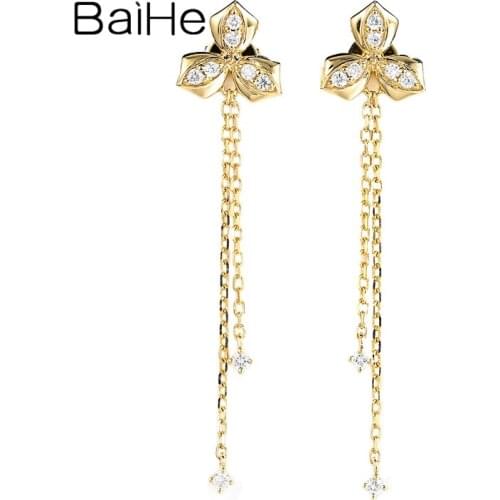 BAIHE Solid 18K White/Yellow/Rose Gold 0.16ct H/SI Natural Diamond Wedding Gift Fine Jewelry Diamond Ear wire Leaf Stud Earrings