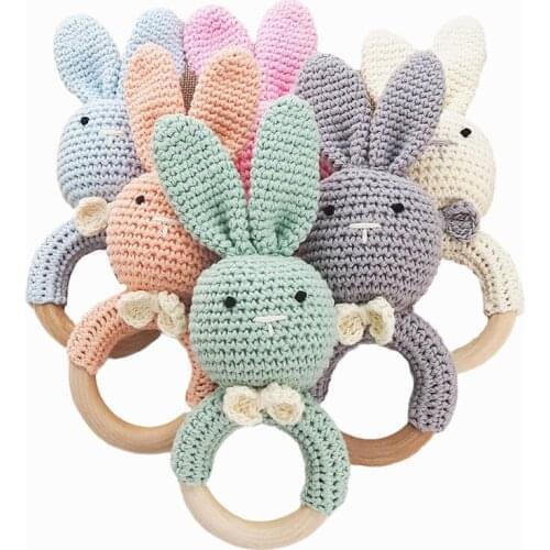 Chenkai 10PCS Corchet Rabbit Rattle Nature Wooden Baby Teether Ring DIY Handmade Infant Pacifier Nursing Teething Grasp Toy