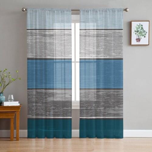Retro Farm Barn Blue Gray Striped Gradient Sheer Curtains for Living Room Tulle for Windows Voile Yarn Short Bedroom Curtains