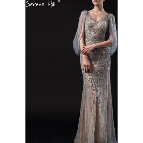Grey Nude Mermaid Cap sleeves Sexy Evening Dresses 2020 Diamond Beading Sparkle Luxury Formal Dress Serene Hill BLA70625
