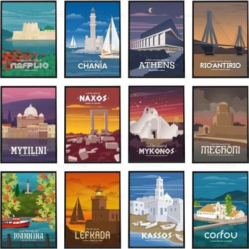Nordic Greece Travel Poster Cartoon City Scenery Canvas Paitning Fashion Home Decoration Wall Art Pictures for Living Room