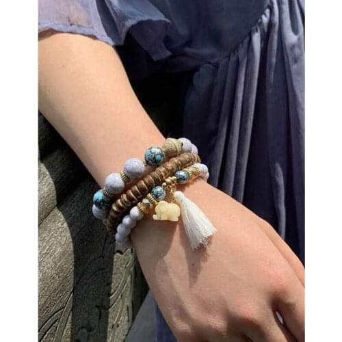 Elephant Tassel Strand Bracelets For Women Handmade Vintage Bohemian Bib Beads Charm Bangles Party Jewelry Gift 3pcs/pack