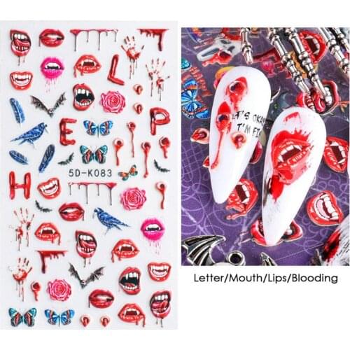 Halloween Styles Nail Embossed Sticker 5D Engraved Red Bloody Scar Lips DIY Manicure Decals for Female DIY 5D Sticker