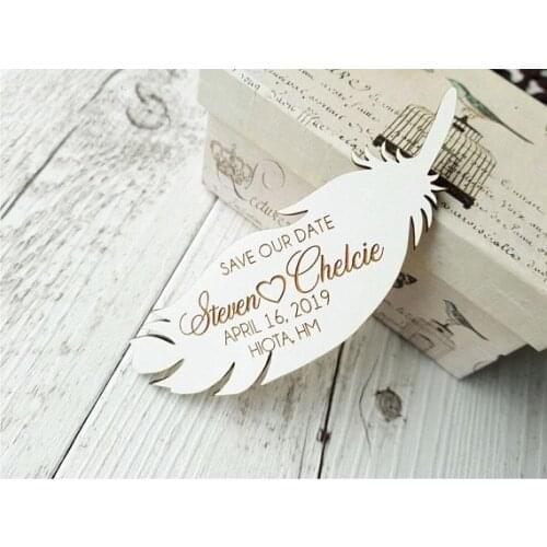 Wedding save the date magnets, eco wood magnet , feather shape