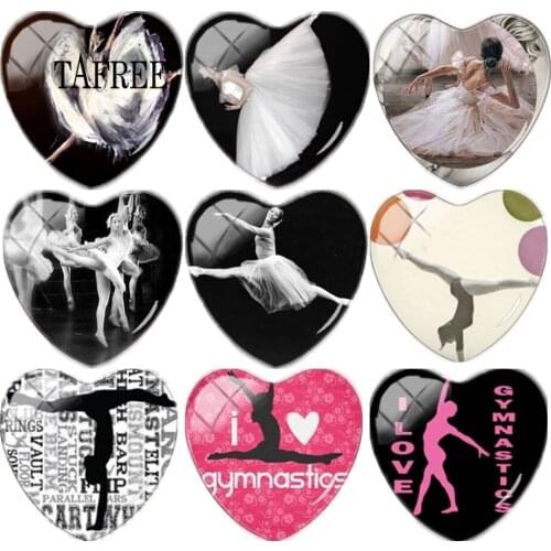 TAFREE Gymnastics Art Picture 25mm Heart shaped DIY Glass Cabochon Demo Flat Back Making Keychain Findings