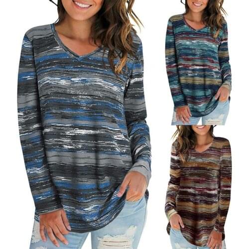Women T-shirt Digital Striped Print V Neck Autumn Winter Long Sleeve All Match Top Streetwear