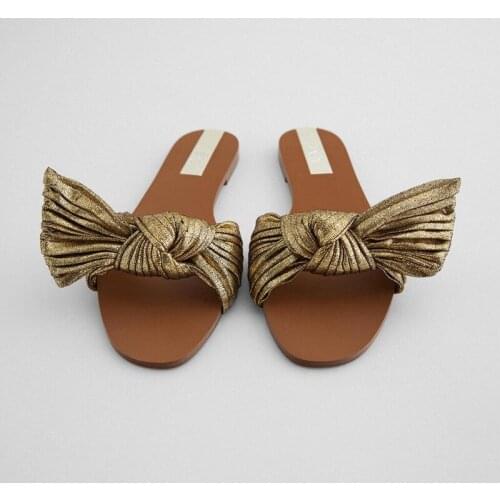 ZAR Brand Slippers Women Summer Luxury 2021 New Fashion Golden Round Toe Bow Flat-Heeled Sandals Plus Size 41 Chaussure Femme