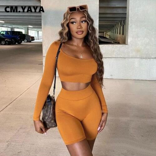 CM.YAYA Women Set Solid Full Sleeve O-neck Crop Tops Skinny Bodycon Shorts Two 2 Piece Sets Active Tracksuit Fashion Outfit Fall