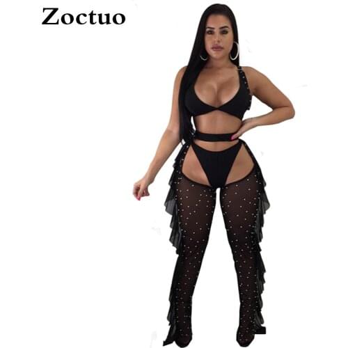 Women Sexy Three Piece Sets Sheer Mesh Beading Wooden ear Color Solid Sleeveless Patchwork Night Club vestidos