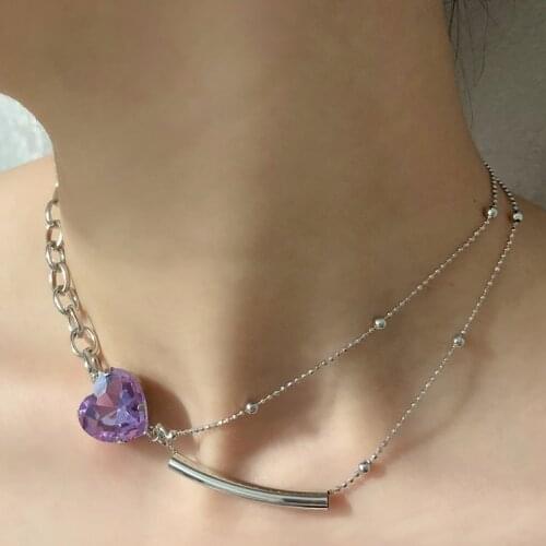 MENGJIQIAO 2021 Trendy Purple Heart Crystal Choker Necklace For Women Girls Fashion Metal Silver Color Chain Party Jewelry