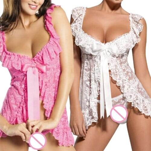 Women Sexy colorful America Style Lingerie Front Open Sleepwear Sets Plus Size And Sexy Lace Perspective Dress + T Pants