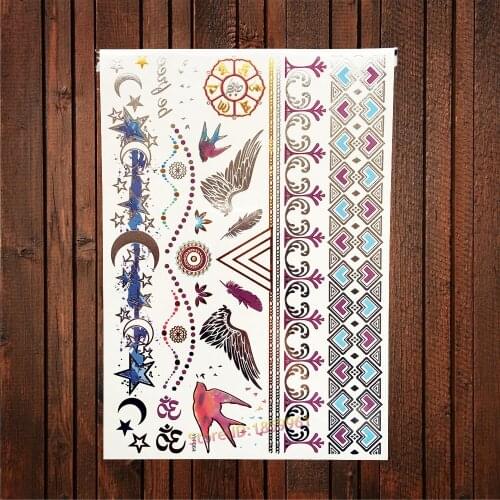 1PC New Blue Purple Gold Metallic Tattoo Wing Feather Swallow Design Temporary Tattoo Sticker Waterproof Jewel Tatoo Women AYH64