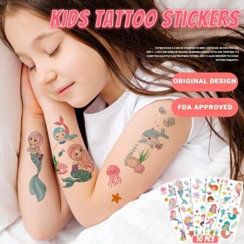 10Pcs Tattoo Anime Stickers Temporary Fake Tattoo Waterproof Cartoon Unicorn Mermaid Dinosaur Hand Arm Toys For Children Sticker