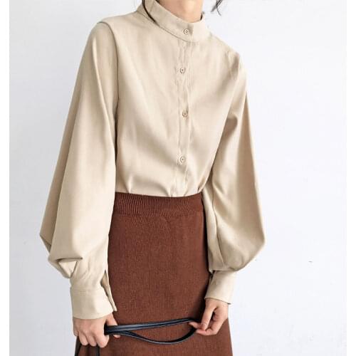 2021 Fashion Women Blouse Shirt Lantern Long Sleeve Women Shirts Solid Stand Collar Office Blouse Womens Tops And Blouses 2516