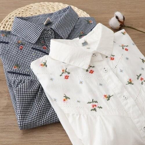 2020 Flowers embroidery plaid white cotton long sleeve shirt blouse mori girl