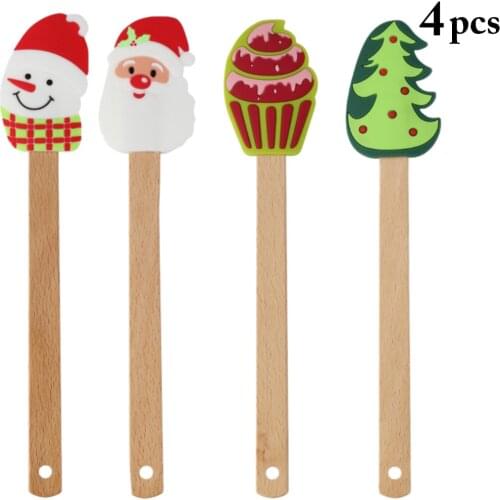 4Pc Silicone Cream Spatula Christmas Tree Santa Claus Snowman Cake Mixing Batter Scraper Kitchen Baking Tools With Wooden Handle